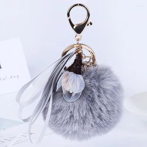 Llaveros Pompom Ball Estudiante Lindo Llavero Imitación Cabello Color Oro Metal con Flor Mujer Accesorios Cartera Llavero