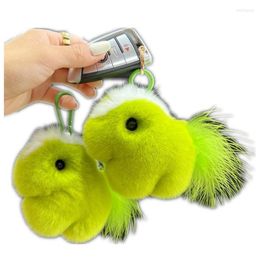 Keychains Pony Real Rex Fur Keychain Green Kawaii Pompom Bag Purse Charm Anneau de clé moelleuse