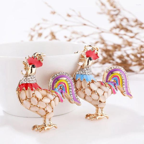 Porte-clés joli mignon opales coq coq poulet cristal sac pendentif strass luxe porte-clés anneau cadeau pour les femmes