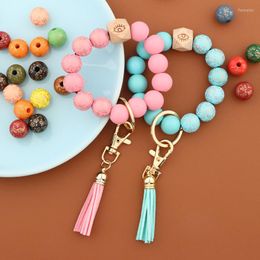 Keychains Gedrukte houten kralen Keychain PU Leather Tassel kralen Bracelet Accessoires Key Chains Keyrings for Women Sieraden Gift