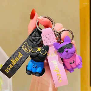 Sleutelhangers Punk Franse Bulldog Sleutelhanger PU Leer Mode Voor Vrouwen Tas Hanger Sieraden Sleutelhanger Leuke Ketting