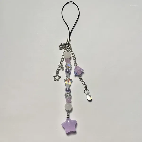 Porte-clés Purple Star Pendentif Fleur Perle Charme Chaîne De Téléphone Mignon Porte-clés Cadeau Y2k