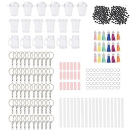 Porte-clés R2LE 204pcs Mini Tasse Porte-clés Bubble Tea Pendentif Charme Avec Anneaux Glands Bulles Pailles