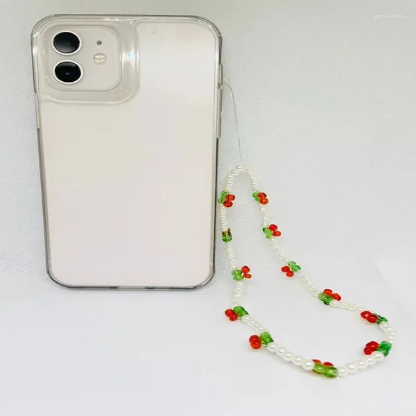 Porte-clés rouge cerise perlé chaîne de téléphone femmes sac charme sangle clé accessoires cadeau cerises bracelet lanière 30 5 cm