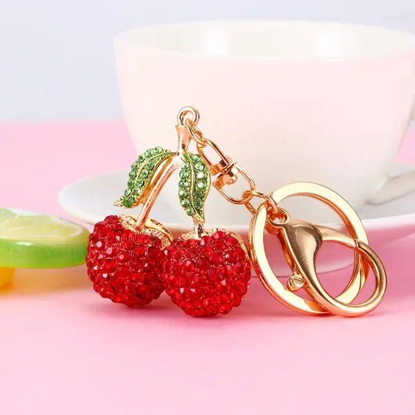 Llaveros Cereza de cristal rojo para mujer, llavero bonito de fruta, llavero colgante de coche para hombre, bolso para niña, anillo, accesorio de joyería de moda