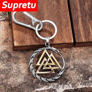 Sleutelhangers Retro Vikings Draak Sleutelhanger Noorse Goud Kleur Ouroboros Driehoek Hanger Amulet Mannen Roestvrij Staal Lederen Auto Sleutelhanger Sieraden