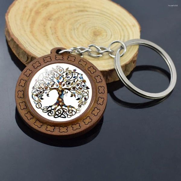 Porte-clés rétro en bois, arbre de vie celtique, Cabochon en verre, porte-clés, bijoux de charme, cadeaux pour femmes