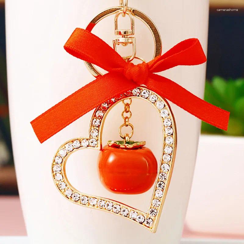 Keychains Rhinestone Fruit Keychain Simulation Persimmon Key Ring Women Girl Car Bag Pendant Jewelry