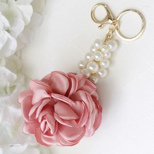 Porte-clés Rose Forme Tissu Fleur Boule Porte-clés Porte-clés Pour Femmes Sac Perle De Voiture Pendentif Bijoux Cadeaux Bibelot Chaîne EH400