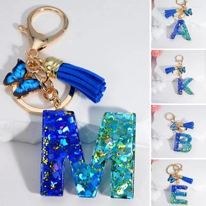 Porte-clés Sea Blue A à Z 26 Lettre Porte-clés Femmes Portefeuille Charms Initiales Alphabet Papillon Pompon Pendentif Avec Porte-clés Bijoux Cadeau