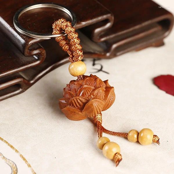 Porte-clés vente pêche bois sculpté fleur de lotus porte-clés pendentif pagode en bois cadeau bouddha