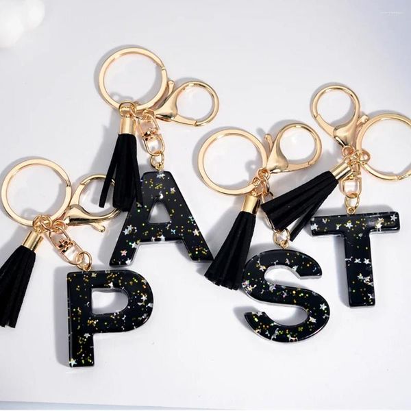 Keychains Black Black de 26 letras de 26 letras A-Z Inicial Star Sequin Llenado Tassels Pending Car Key Holder for Women Men Gift