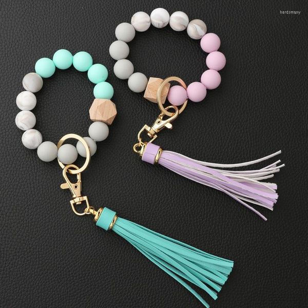 Llaveros pulsera de cuentas de silicona borla llavero de madera broche de langosta colgante llavero para mujer accesorios de joyería