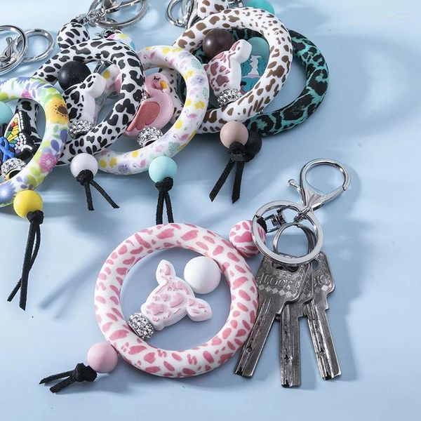 Porte-clés en silicone imprimé vache, pendentif perlé pour femmes et filles, cadeaux d'amant de charme, bijoux de voiture mignons