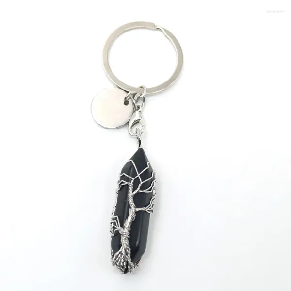 Porte-clés en argent plaqué cercle fil enroulé arbre de vie agates noires porte-clés hexagone prisme cristal bijoux de mode