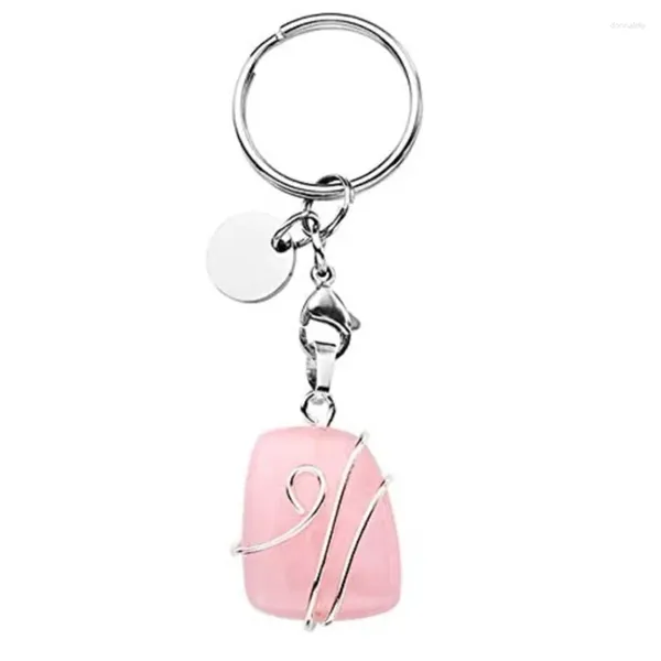 Porte-clés Argent Plaqué Cercle Fil Wrap Forme Géométrique Améthystes Pierre Porte-clés Rose Rose Quartz Bijoux