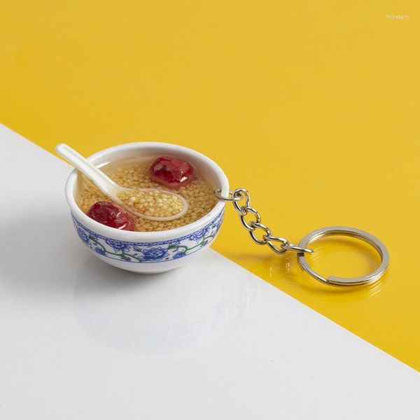 Porte-clés Simulation de nourriture, toutes sortes de bouillie, bol de Style chinois, Mini sac pendentif