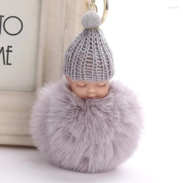 Porte-clés Dormir bébé poupée porte-clés pompon boule de fourrure voiture porte-clés porte-clés femmes titulaire sac pendentif charme accessoire bijoux 6C0128