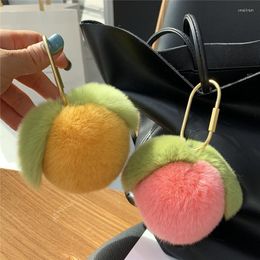 Porte-clés doux mignon doux pêche Rex fourrure porte-clés femmes sac pendentif vraie boule ornements voiture porte-clés anneau en métal bibelots Smal22