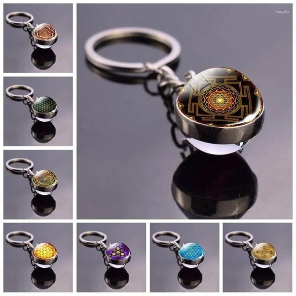 Porte-clés Sri Yantra Mandala Porte-clés Bouddhiste Géométrie Sacrée Anneaux Yoga Spirituel Verre Boule Boucle Bijoux