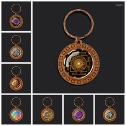 Porte-clés Sri Yantra Mandala Porte-clés Géométrie Sacrée Verre Pendentif En Bois Porte-clés Yoga Spirituel Bijoux Cadeau