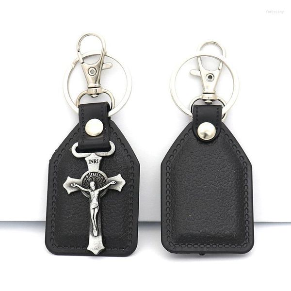 Llaveros St. Benedict Colgante Llavero Titular de la clave PU Cuero INRI Jesús Cruz Encantos Anillo de cadena Mujeres Hombres Accesorios de joyería Llaveros Forb