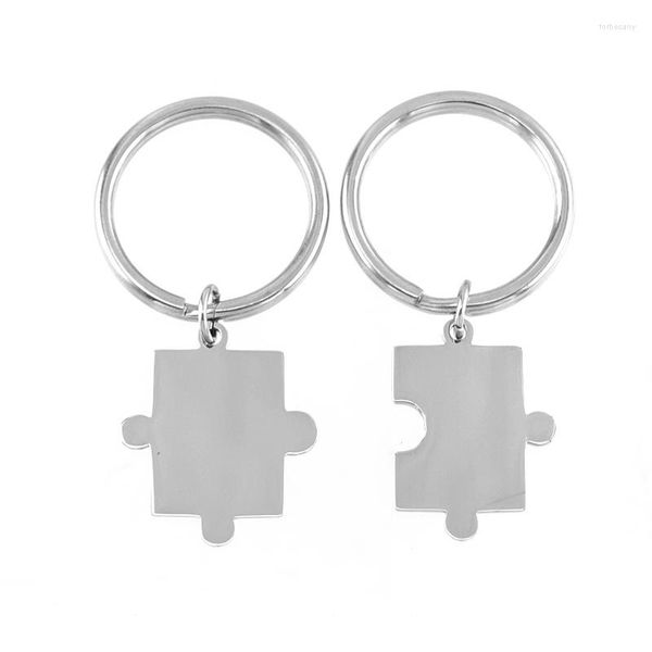 Porte-clés en acier inoxydable blanc Puzzles étiquettes pendentif porte-clés bricolage puzzle breloques porte-clés miroir poli en gros 10 paires