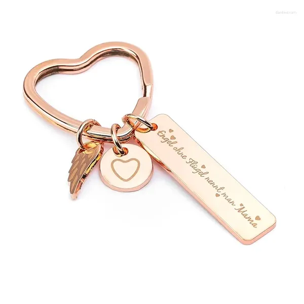 Porte-clés en acier inoxydable sculpté sac à dos pendentif porte-clés long gravé en forme de coeur porte-clés cadeau de fête des mères