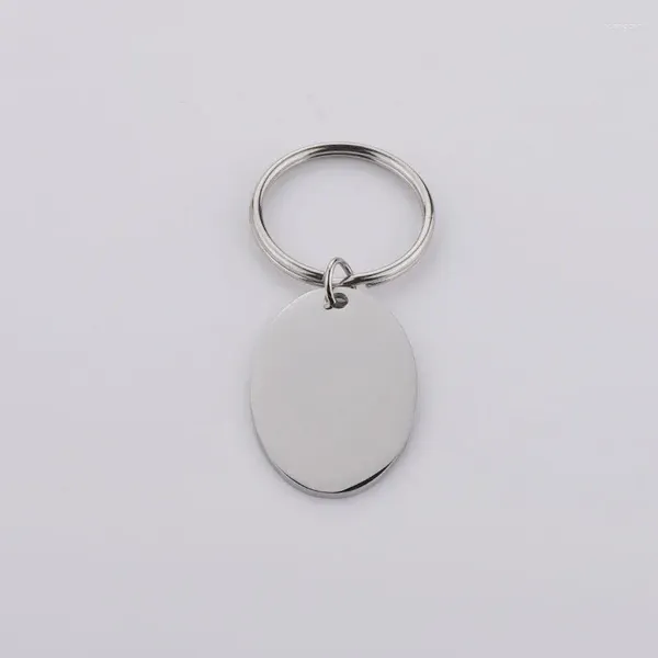 Porte-clés en acier inoxydable, charme ovale vierge pour graver une étiquette en métal poli miroir, vente en gros 10 pièces