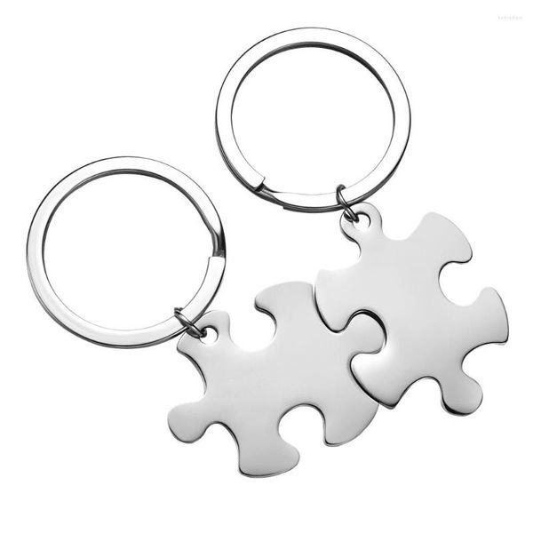 Porte-clés Puzzle en acier inoxydable, vierge pour graver, couleur noir/argent, métal, miroir poli, vente en gros, 10 paires