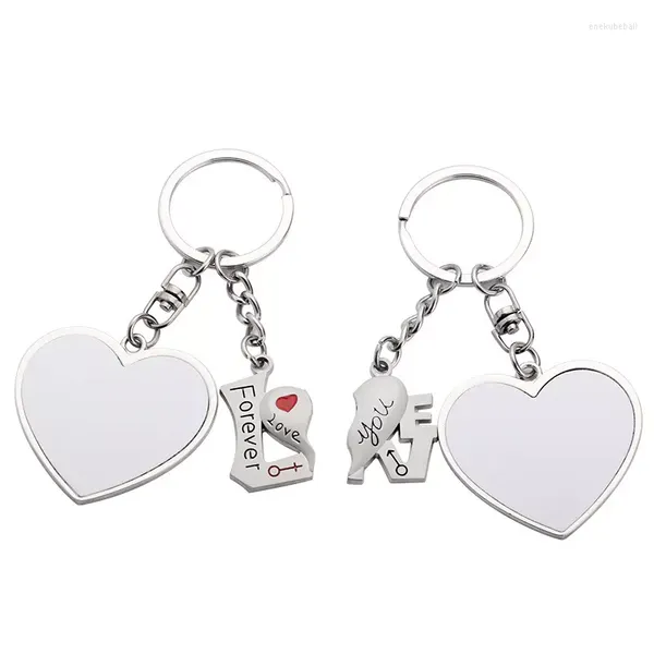 Porte-clés Sublimation porte-clés vierge 1 paire 2 pièces pendentif en métal porte-clés rond en forme de coeur porte-anneau personnalisé Logo bijoux petit cadeau