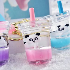 Porte-clés d'été liquide flottant panda porte-clés cordon en cuir tasse de thé au lait bouteille porte-clés femmes hommes sac de voiture chaîne acrylique bijoux cadeau