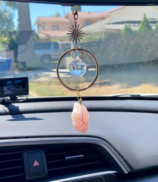 Llaveros Atrapasueños para coche Atrapasueños de cristal en bruto Espejo retrovisor Decoración Llavero Cuarzo rosa Accesorio bohemio