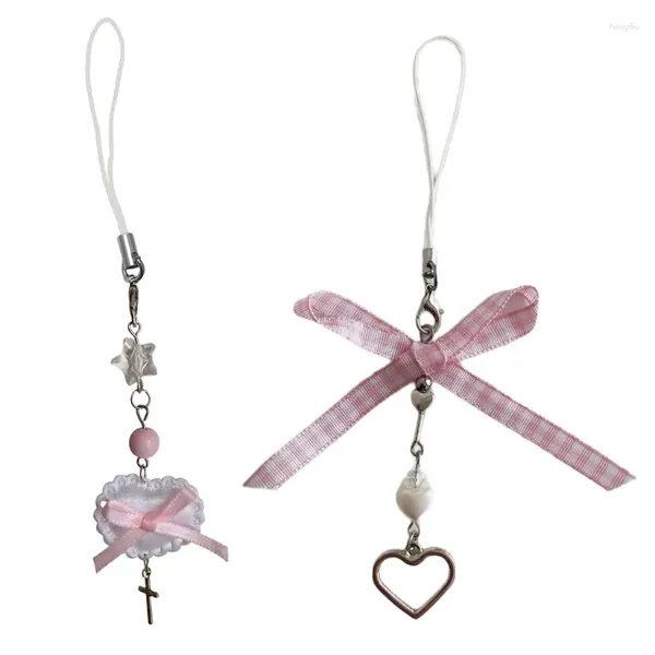 Llaveros Sweet Heart Bowknot Bead Charm Colgante Cadena Correa para teléfono Llavero de bolsillo Colgantes Decoración para llavero Bolso Monedero