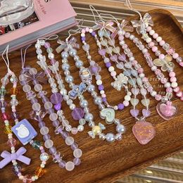 Llaveros Sweet Women Key Strap Pink Purple Heart Coreano Cadena de teléfono móvil Acrílico Lindo Beads Chic Accesorios hechos a mano Joyería 2024