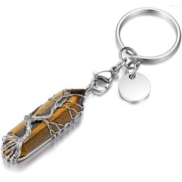 Keychains Tree of Life Draad Wrapped Crystals Bearting Natural Healing Stones Hexagonal Gemstone Crystal Points Handtas Key Chain