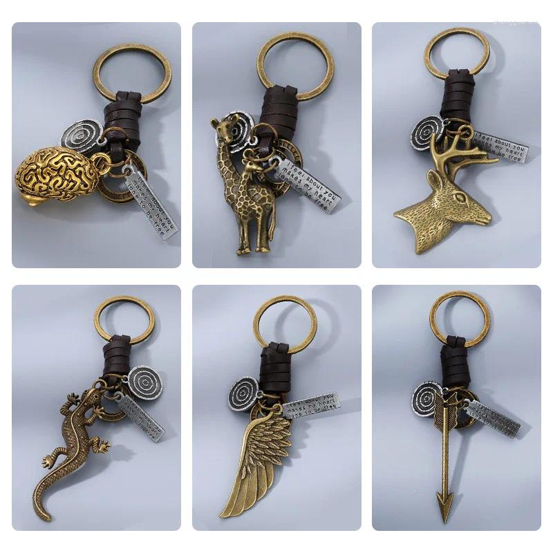 Keychains Vintage All-in-one Leather Keychain Giraffe Elephant Animal DIY Hanging Accessories Hand-woven Key Pendant