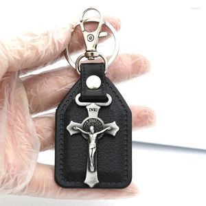 Llaveros Vintage Católico Religioso Negocio Llavero Virgen María San Judas Tadeo San Benito Negro Metal PU Cuero Llavero Gif