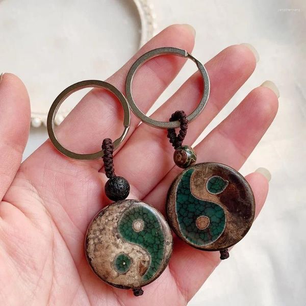 Porte-clés Vintage pierre naturelle Dzi Agates porte-clés Yinyang énergie noir lave trois yeux charme porte-clés voiture porte-clés chanceux décor