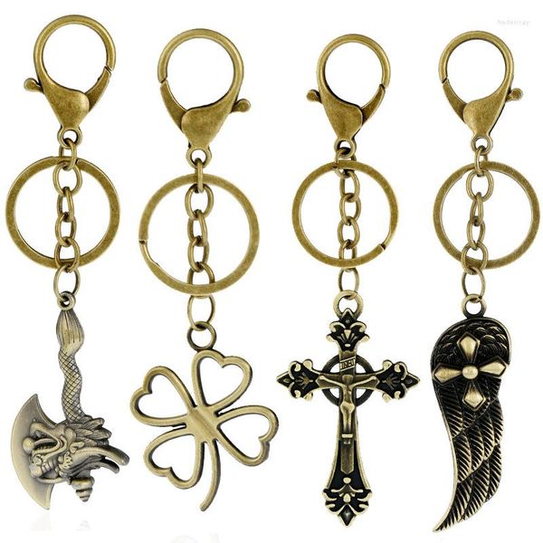 Porte-clés Vintage Rétro Métal Porte-clés Bronze Pendentif Anneaux Aile Croix Porte-Poisson Pour Clés De Voiture Chaîne De Mode Sac Accessoires Bijoux Cadeau