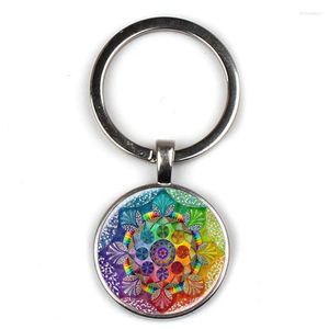 Porte-clés Vintage Yoga Mandala Art Po Pendentif Porte-clés Classique Couleur Fleur Verre Porte-clés Souvenir Saint Bouddhiste Géométrie Bijoux Cadeau