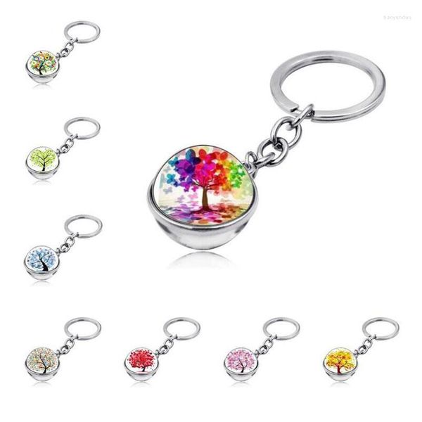 Porte-clés WG 1pc Mode Arbre Vie Temps Bijou Porte-clés Pendentif Cabochon Verre Métal Pour Femmes Bijoux D'été Cadeau Créatif