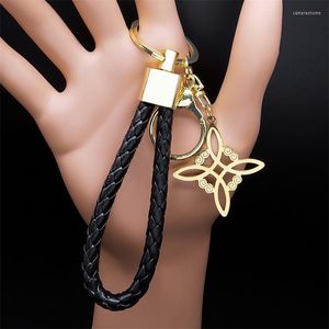 Keychains Witchcraft Irish Knoop Knot Keychain Goud kleur Stainless Steel PU Leer Keyringhouder Amulet Jewelry cadeau nudo de la Bruja Acero