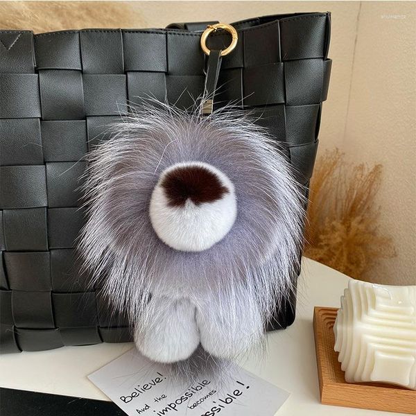 Llaveros Bolso de mujer Colgante Real Rex Fur Llavero Lindo León de peluche Juguete Highend Car Key Charm Anillo de metal Adornos Niños Regalo de cumpleaños