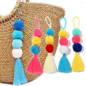 Sleutelchains vrouwen kleurrijke pom tassel sleutelhanger boho handgemaakte gelaagde wollen fringe sleutelhangers voor doe -het -zelf portemonnee handtas decor