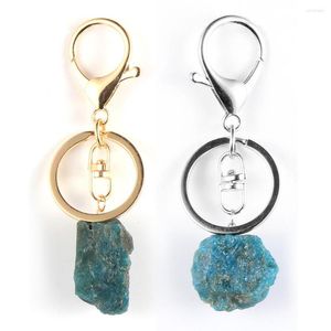 Porte-clés Femmes Hommes Naturel Bleu Apatite Phosphorite Irrégulier Gem Pierre Quartz Porte-clés Or Argent Couleur Anneaux Porte-clés Bijoux