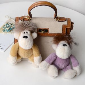 Porte-clés femmes véritable fourrure d'agneau pompon porte-clés moelleux porte-clés pour voitures singe gorille peluche poupée sac pendentif