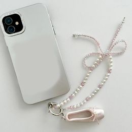 Porte-clés femmes doux Bowknot chaussures de ballet charme téléphone pendentif cristal perle perlée porte-clés lanière sangle sac suspendu décoration