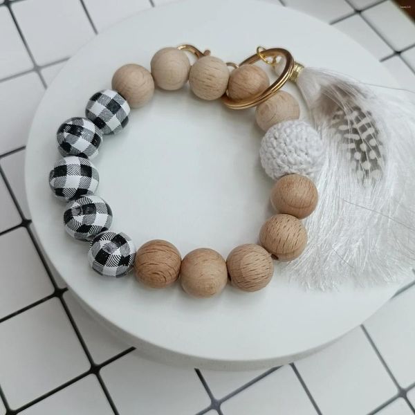 Llaveros Llavero de cuentas de madera Cuentas redondas de silicona Pulsera de pulsera de madera creativa Llavero para mujer Bolsa de coche Llavero Joyería