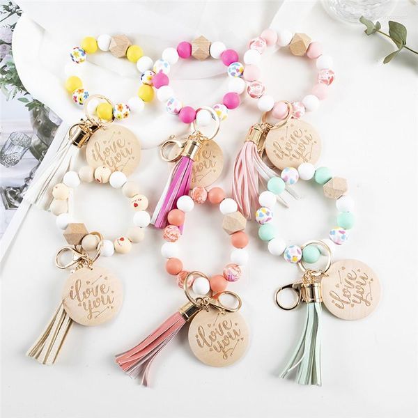 Porte-clés YEYULIN Fleur Imprimer Perle De Silicone Porte-clés Pendentif De Mode Rond Puce De Bois Lettres Amoureuses Bracelet Porte-clés Bijoux Cadeaux